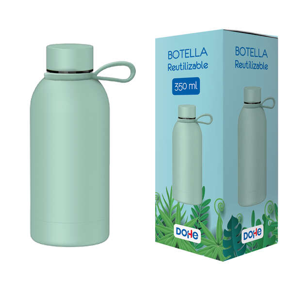 Dohe Botella Reutilizable 350ml - Acero Inoxidable de Doble Pared - Libre de BPA - Tapon Hermetico Antigoteo de Acero Inoxidable - Recubierta de Caucho - Color Verde