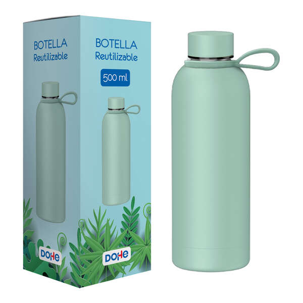 Dohe Botella Reutilizable 500ml - Acero Inoxidable de Doble Pared - Libre de BPA - Tapon Hermetico Antigoteo de Acero Inoxidable - Recubierta de Caucho - Color Verde