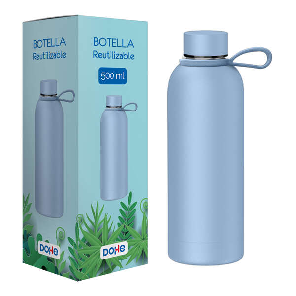 Dohe Botella Reutilizable 500ml - Acero Inoxidable de Doble Pared - Libre de BPA - Tapon Hermetico Antigoteo de Acero Inoxidable - Recubierta de Caucho - Color Azul