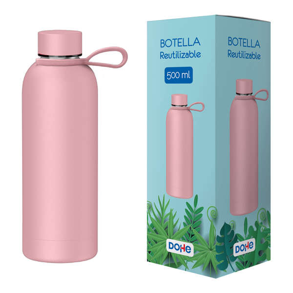 Dohe Botella Reutilizable 500ml - Acero Inoxidable de Doble Pared - Libre de BPA - Tapon Hermetico Antigoteo de Acero Inoxidable - Recubierta de Caucho - Color Rosa