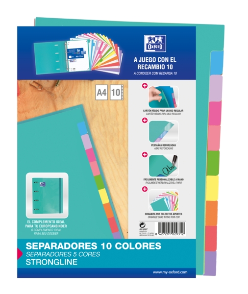 Oxford Strongline A4 Separadores - 10 Posiciones de Diferentes Colores - 4 Taladros - Cartulina 200gr