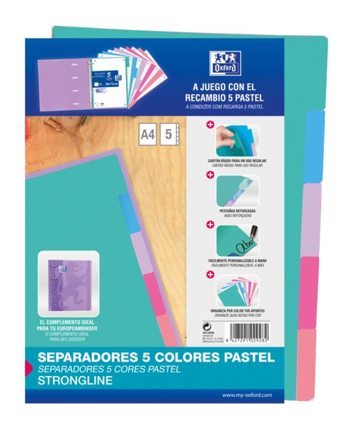 Oxford Strongline A4 Separadores 5 Posiciones - 4 Taladros - Cartulina 200gr - Colores Surtidos