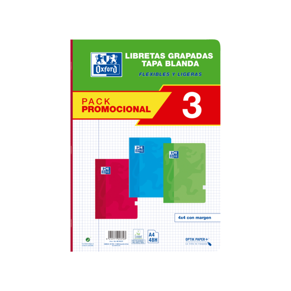 Oxford School Classic Pack 3 - Libreta Grapada A4 - Tapa Blanda - 4x4 con Margen - 48 Hojas - 3 Colores