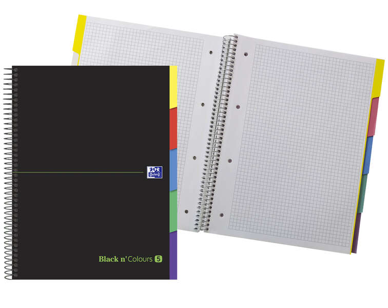 Oxford Black N'Colours Europeanbook A4+ Cuaderno Espiral 100 Hojas Cuadricula 5x5 - Tapa Extradura Resistente - Pestañas Troqueladas - Color Negro