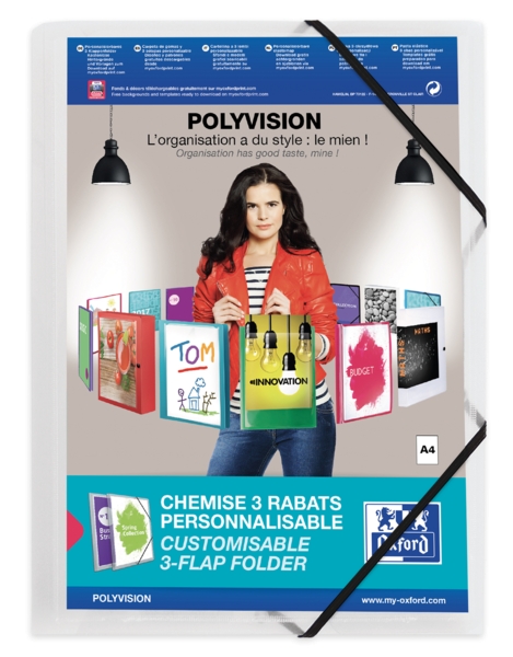 Oxford Polyvision A4+ Carpeta de Gomas 3 Solapas - Tapa de Plastico Personalizable - Lomo 30mm Transparente