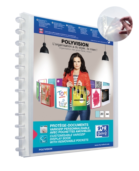 Oxford Polyvision Variozip A4+ Carpeta de 20 Fundas Removibles - Tapa de Plastico Personalizable - Organizacion y Proteccion para tus Documentos