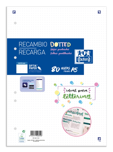 Oxford School A5 Recambio Paquete Dots 80 Hojas - Papel de Alta Calidad - Puntos para Organizar tus Notas