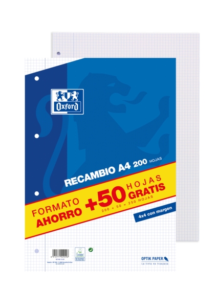 Oxford School Classic Recambio con 250 Hojas A4 Cuadricula 4x4 con Margen