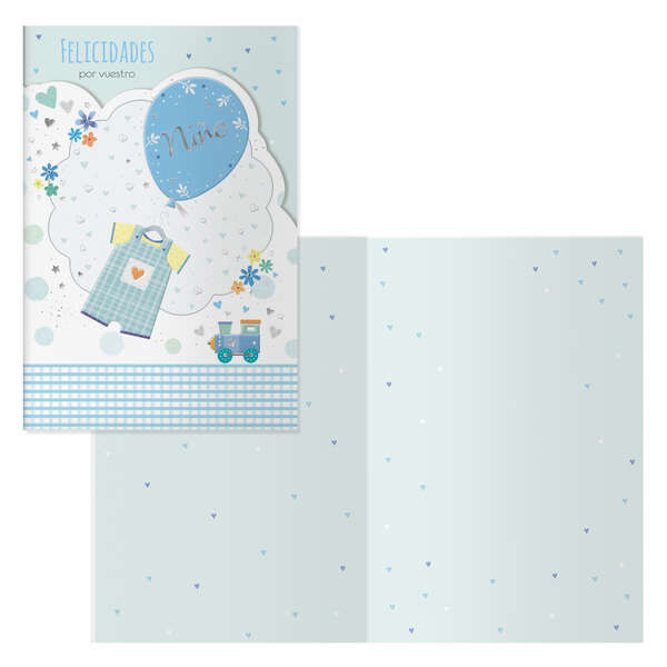 Dohe Tren Pack de 6 Tarjetas de Felicitacion para Nacimientos - 11.5x17cm - Impresas a Todo Color - Estampaciones con Pelicula de Color - Estampacion en Seco - Papel Offset Blanco de 300gr - Incluye Sobre de Color