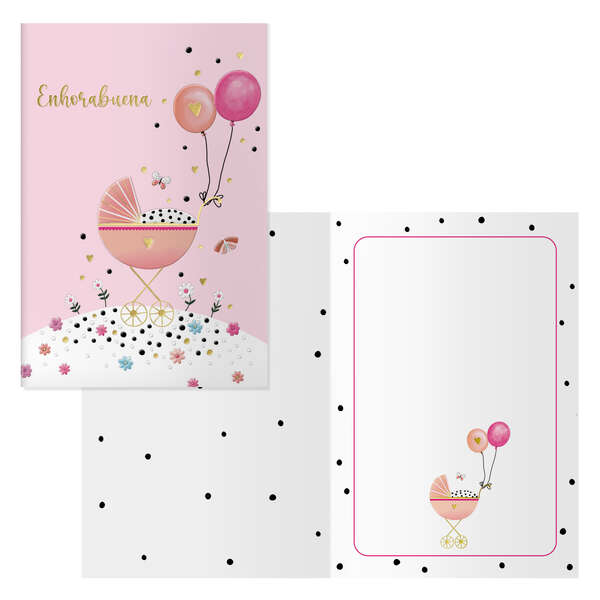 Dohe Cochecito Pack de 6 Tarjetas de Felicitacion para Nacimientos - 11.5x17cm - Impresas a Todo Color - Estampaciones con Pelicula de Color - Estampacion en Seco - Papel Offset Blanco de 300gr - Incluye Sobre de Color