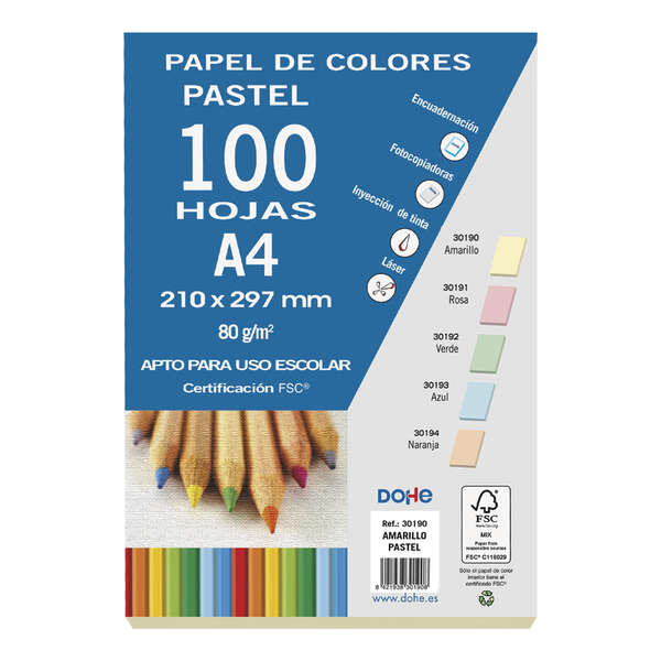 Dohe Papel Multifuncion Color Pastel - 80g - Apto para Fotocopiadoras, Impresoras Laser y Chorro de Tinta - Ideal para Uso Escolar