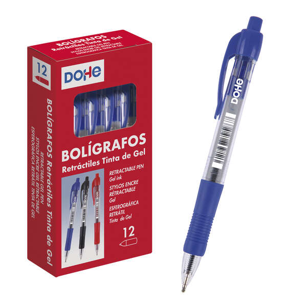 Dohe Boligrafos Retractiles de Tinta de Gel Permanente - Punta Bola de 0.7mm - Trazo de 0.4mm - Resistente al Agua - Cuerpo de Plastico - Grip de Caucho - Caja de 12 Uds