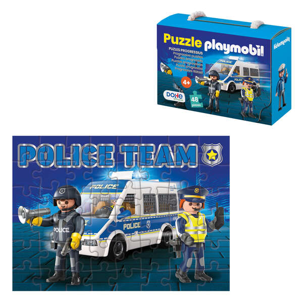 Dohe Playmobil Puzzle para Niños de 48 Piezas - Tematica Policia - Doble Capa de Carton - Capa Intermedia de Contrachapado - Estimula Imaginacion y Razonamiento - Atractivos Colores y Dibujos