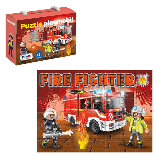 Dohe Playmobil Puzzle para Niños de 48 Piezas - Tematica Bomberos - Doble Capa de Carton - Capa Intermedia de Contrachapado - Estimula Imaginacion y Razonamiento - Atractivos Colores y Dibujos