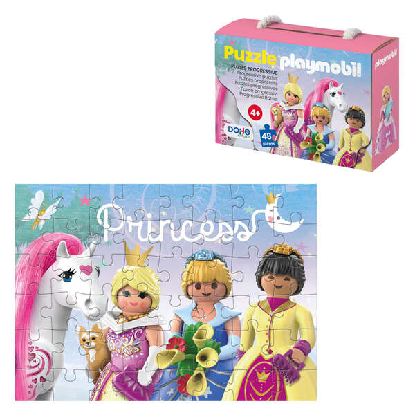 Dohe Playmobil Puzzle para Niños de 48 Piezas - Tematica Princesas - Doble Capa de Carton - Capa Intermedia de Contrachapado - Estimula Imaginacion y Razonamiento - Atractivos Colores y Dibujos