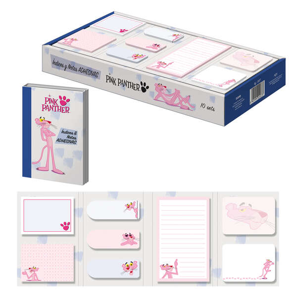 Dohe Expositor de Indices y Notas Adhesivas Pink Panther - Set de 10 - Preimpresas a Todo Color - Potente Adhesivo - Ideal para Señalizaciones y Clasificaciones - 8 Blocs de 20 Hojas