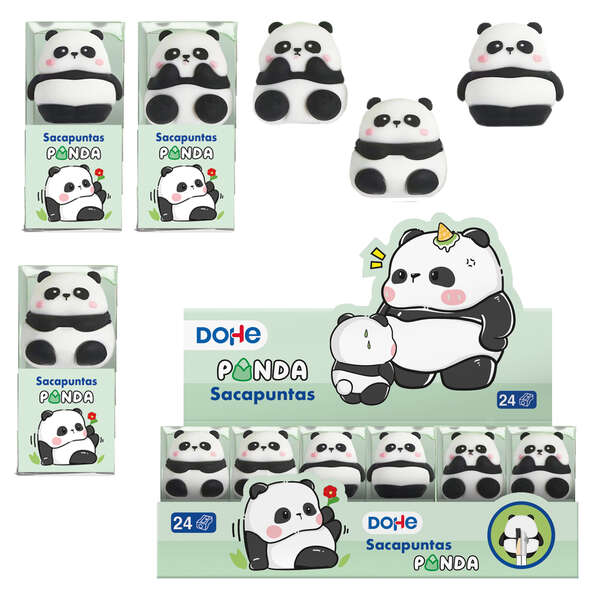 Dohe Expositor de 24 Afilalapices Panda - Fabricado en Plastico - Recubrimiento de PVC - Cuchilla de Acero - Presentacion en Caja Transparente