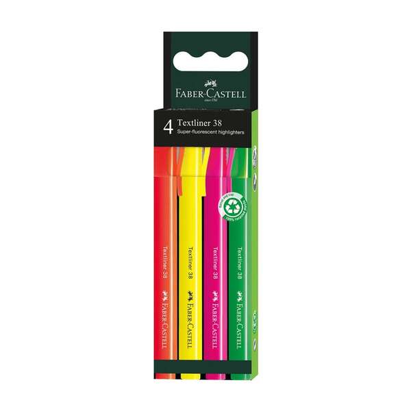 Faber-Castell Textliner 38 Pack de 4 Marcadores Fluorescentes - Cuerpo Fino - Punta Biselada - Trazo Grueso y Fino - Tinta con Base de Agua - Colores Surtidos