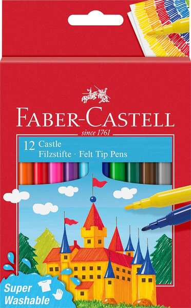 Faber-Castell Castle Pack de 12 Rotuladores - Tinta con Base de Agua Lavable - Colores Surtidos