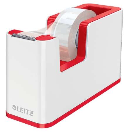 Leitz WOW Dispensador de Cinta Adhesiva - Para Rollos de hasta 19mm x 33m - Incluye Cinta Autoadhesiva Escribible - Color Blanco/Rojo