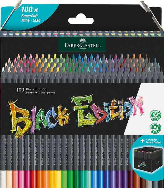 Faber-Castell Black Edition Pack de 100 Lapices de Colores - Mina Supersuave - Madera Negra - Ideales para Dibujo sobre Papel Claro, Oscuro y de Colores - Colores Surtidos