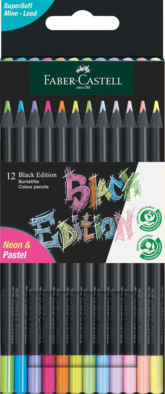 Faber-Castell Black Edition Pack de 12 Lapices de Colores Neon+Pastel - Mina Supersuave - Madera Negra - Ideales para Dibujo sob