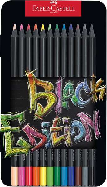 Faber-Castell Black Edition Caja Metalica de 12 Lapices de Colores - Mina Supersuave - Madera Negra - Ideales para Dibujo sobre
