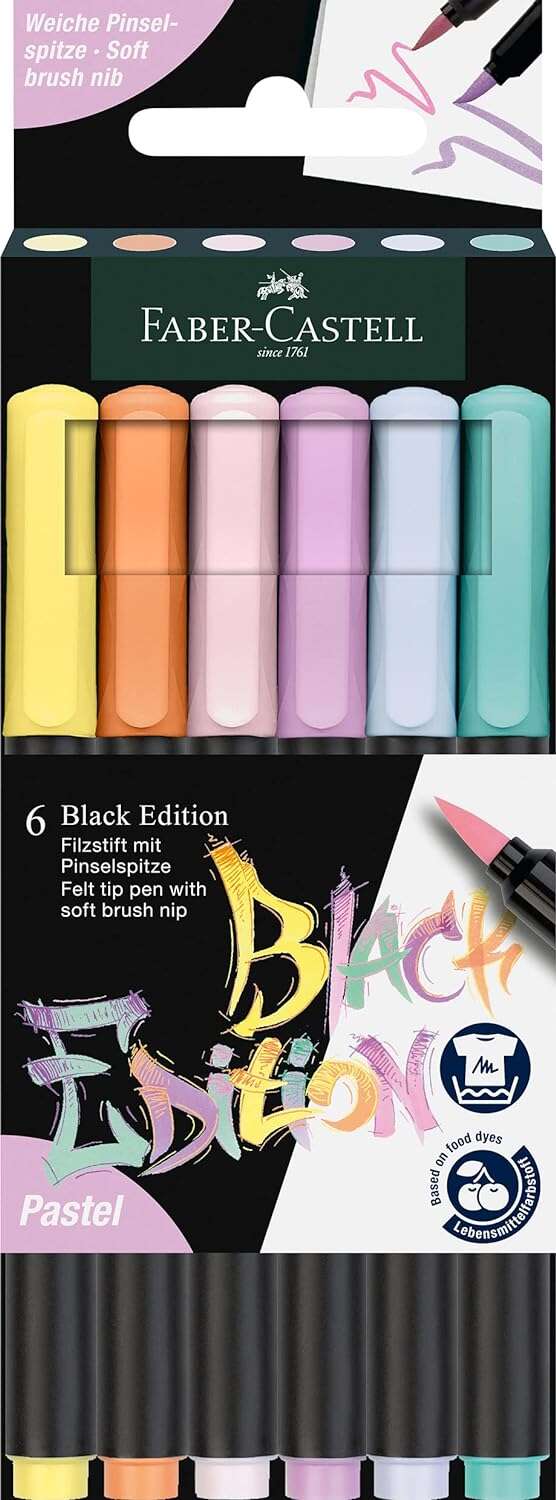 Faber-Castell Black Edition Pack de 6 Rotuladores Punta Pincel - Tinta a Base de Colorantes Alimentarios - Colores Pastel Surtid
