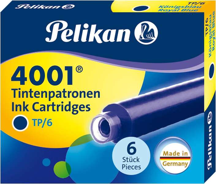 Pelikan 4001 TP/6 Pack de 6 Cartuchos - Tinta de Alta Calidad - Compatible con Plumas Estilograficas - Color Azul Real