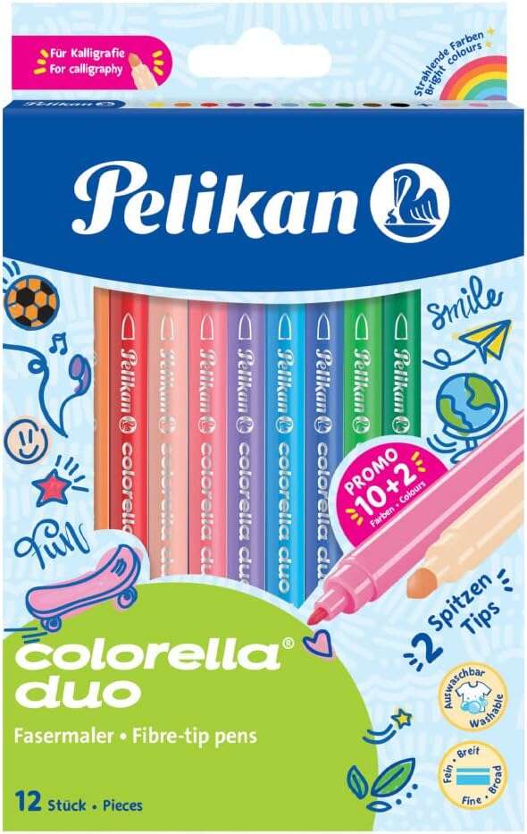 Pelikan Caja de 12 Rotuladores Escolares Colorella Duo C407 10+2 Colores - Doble Punta Fina 1mm y Gruesa 2mm - Lavables