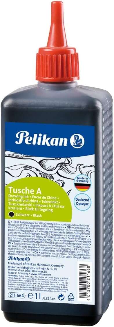 Pelikan Tinta China 523 - 1 Litro - Ideal para Dibujo y Caligrafia - Resistente al Agua - Secado Rapido - Color Negro