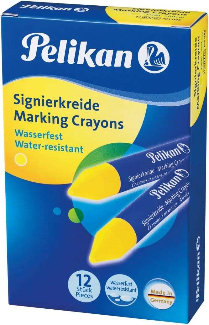 Pelikan Pack de 12 Ceras para Marcar - Resistente al Agua - Facil de Borrar - Ideal para Resaltar Texto - Color Amarillo