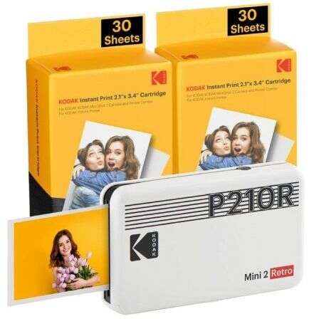 Kodak Mini 2 Retro Pack de Impresora Fotografica Portatil Bluetooth + 60 Hojas de Papel Fotografico - Formato de Impresion 5,3x8,6cm - Alimentacion por Bateria - Color Blanco