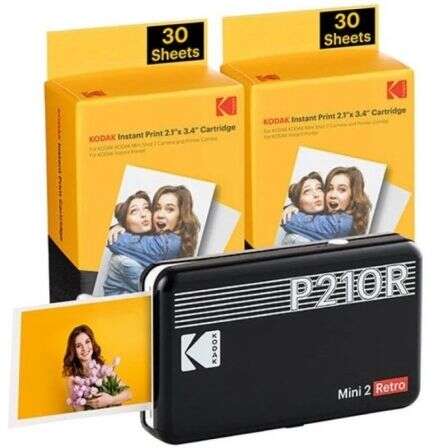 Kodak Mini 2 Retro Pack de Impresora Fotografica Portatil Bluetooth + 60 Hojas de Papel Fotografico - Formato de Impresion 5,3x8,6cm - Alimentacion por Bateria - Color Negro