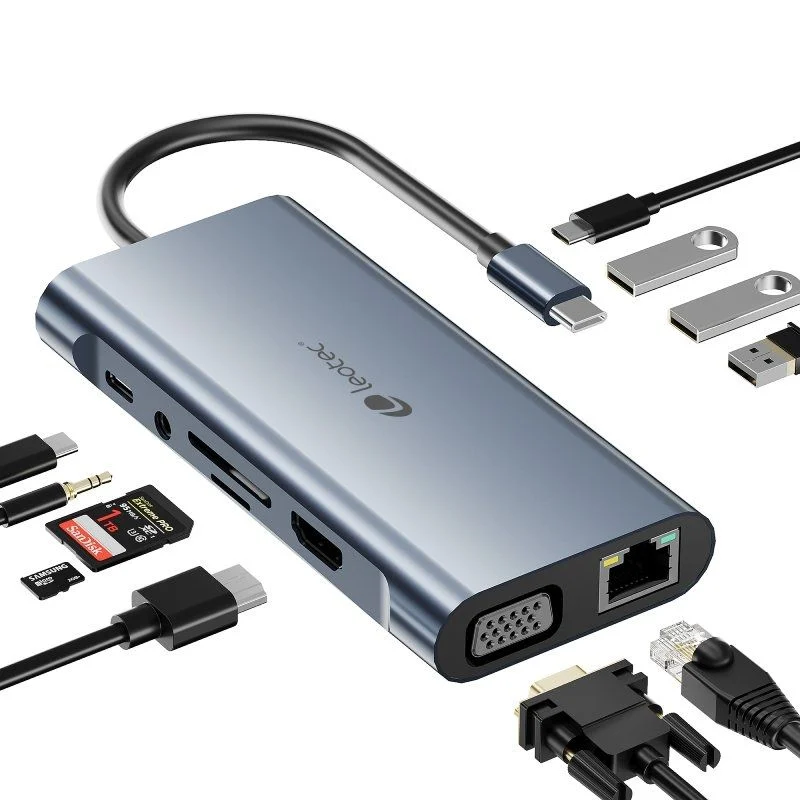 Leotec Adaptador 11 en 1 USB-C a 1xHDMI, 1xVGA, 1xRJ45, 3xUSB-A 3.0, 1xUSB-C PD, 1xUSB-C, 1xTF+1xSD, 1x Audio - Color Gris