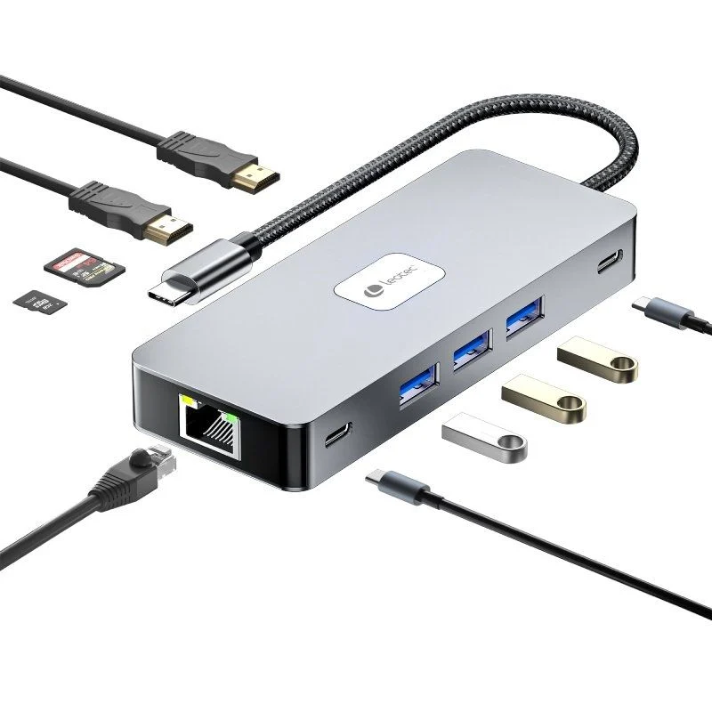 Leotec Adaptador 10 en 1 USB-C a 2xHDMI, 1xRJ45, 3xUSB-A 3.0, 1xUSB-C PD, 1xUSB-C, 1xTF/SD+1xMicroSD - Color Gris