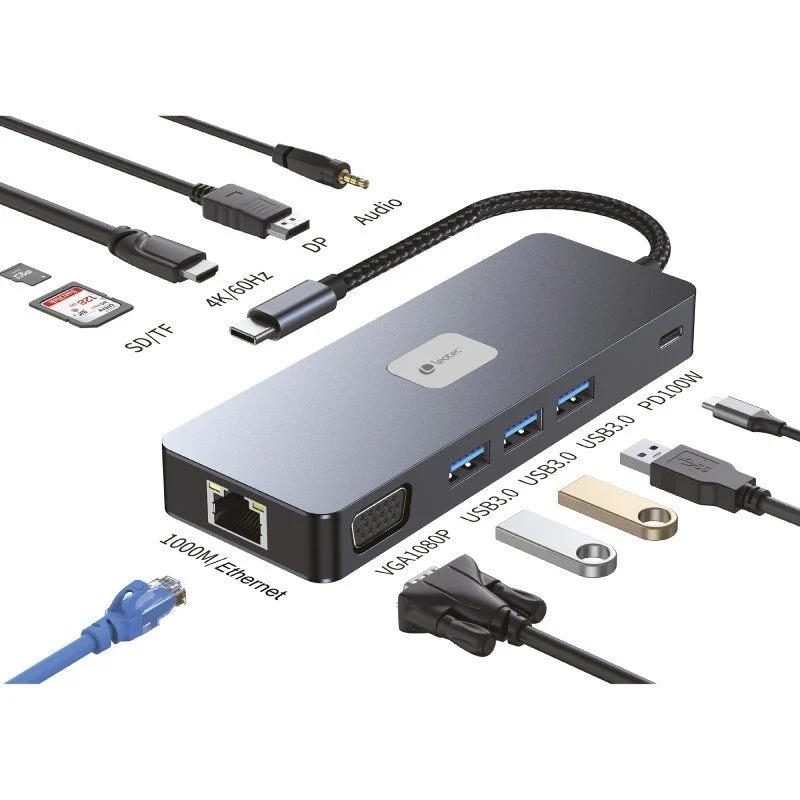 Leotec Adaptador 11 en 1 Plus USB-C a 1xDisplayPort, 1xHDMI, 1xVGA, 1xRJ45, 3xUSB-A 3.2, 1xUSB-C PD, 1xTF+1xSD, 1x Audio - Color Gris