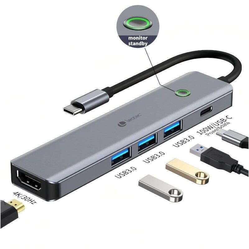 Leotec Adaptador 5 en 1 USB-C a 1xHDMI, 3xUSB-A 3.0,  1xPD 100W+USB-C - Color Gris