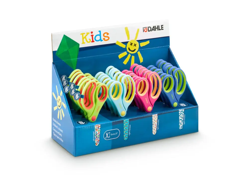 Dahle 54683 Kids Expositor de 24 Tijeras Infantiles 13cm - Puntas Redondeadas - Acero Inoxidable - Mangos Ergonomicos Recubiertos de Goma - Colores Surtidos