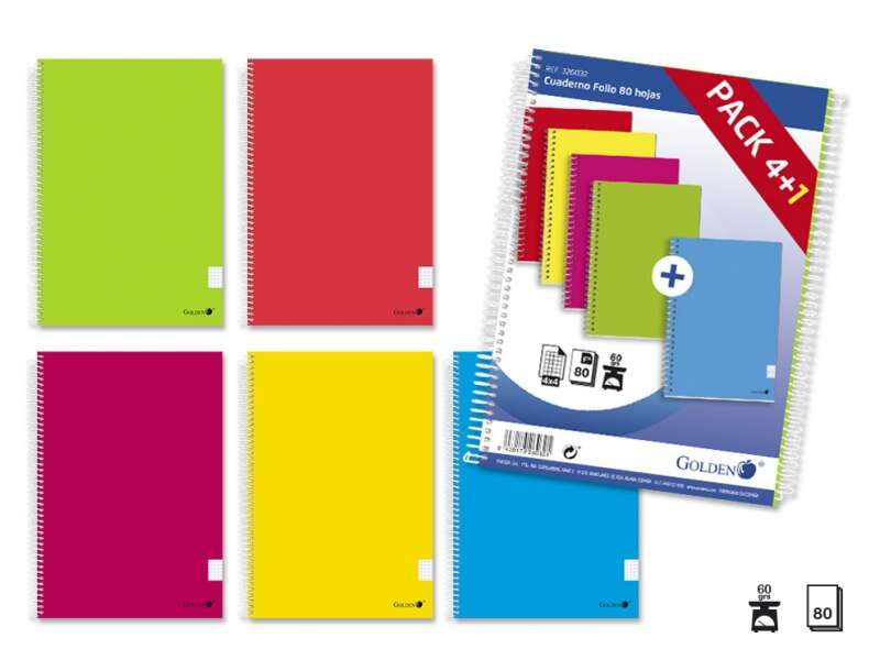 Golden Pack de 5 Cuadernos Espiral Folio 80 Hojas Cuadricula 4x4 - Margen Remarcado - Tapa Normal Plastificada - Colores Surtidos