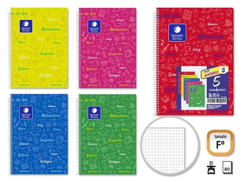 Golden Pack de 5 Cuadernos Asignatura Folio 80 Hojas 90gr Cuadricula 4x4 - Resistente - Tapa Dura - Ideal para Estudiantes - Colores Surtidos