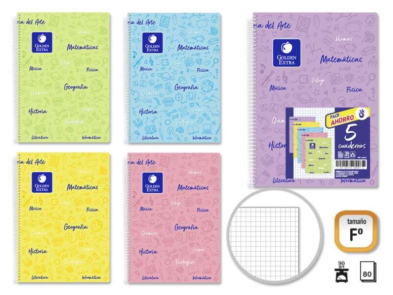 Golden Pack de 5 Cuadernos Asignatura Folio 80 Hojas 90gr Cuadricula 4x4 - Resistente - Tapa Dura - Ideal para Estudiantes - Colores Pastel Surtidos