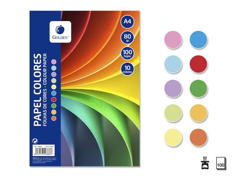 Golden Pack con 100 Hojas de Papel de Colores A4 80gr - 10 Hojas por Color - Colores Surtidos