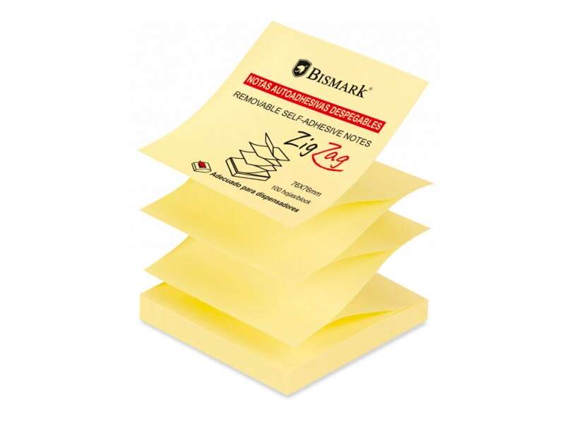 Bismark Taco de 100 Notas Adhesivas Zig-Zag 76x76mm - Adecuado para Dispensadores - Color Amarillo