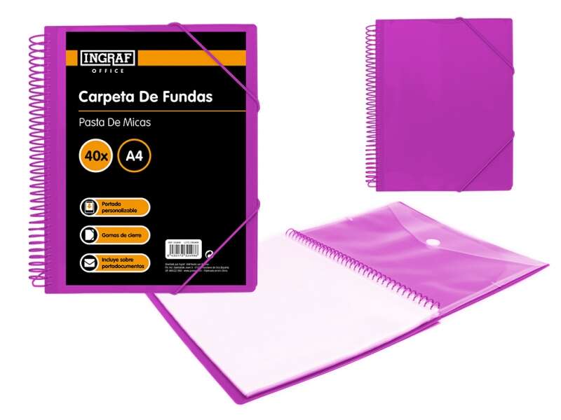 Ingraf Carpeta 40 Fundas A4 + Sobre con Broche - Espiral Plastica Indeformable - Apertura 360 Grados - Portada Personalizable - Color Morado