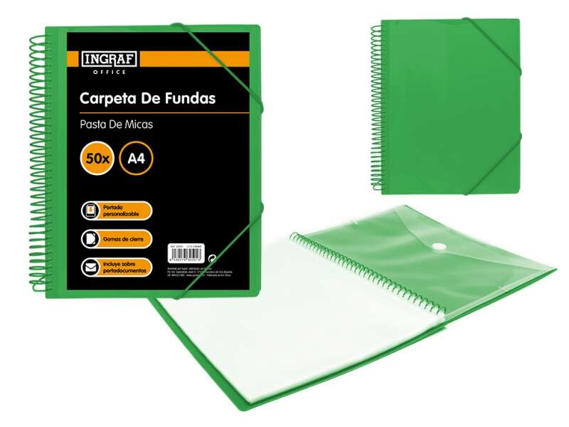 Ingraf Carpeta 50 Fundas A4 + Sobre con Broche - Espiral Plastica Indeformable - Apertura 360 Grados - Portada Personalizable - Color Verde