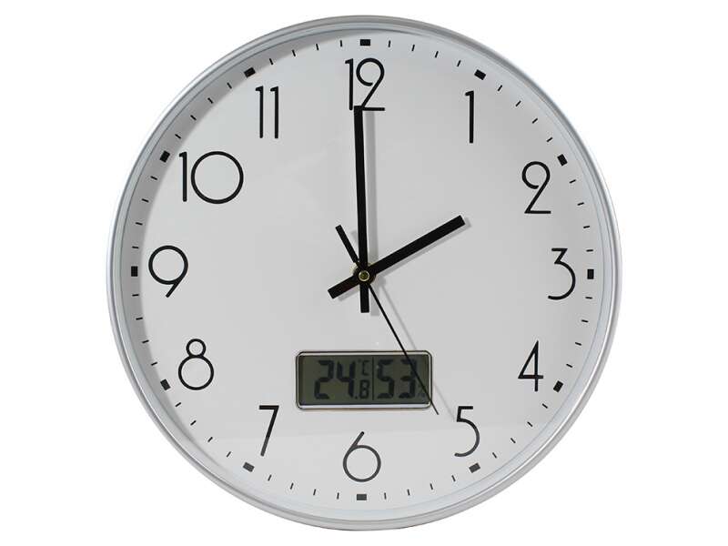 Bismark Reloj Oficina con Marcador Digital de Temperatura y Humedad - Numeros Negros - Cristal Exterior - Manecillas de Aluminio
