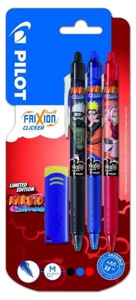 Pilot Frixion Clicker Naruto Shippuden Pack de 3 Boligrafos de Gel Retractil Borrable + Borrador - Punta de Bola 0.7mm - Trazo 0.4mm - Grip de Agarre - Color Azul, Rojo y Negro