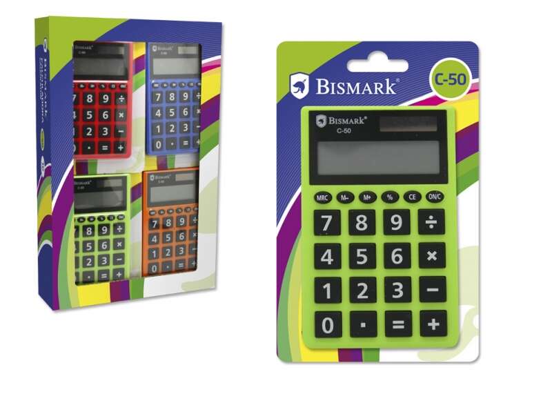 Bismark C-50 Calculadora Escolar de 8 Digitos - Funciones Basicas y Memoria - Alimentacion Solar y a Pilas - Colores Surtidos