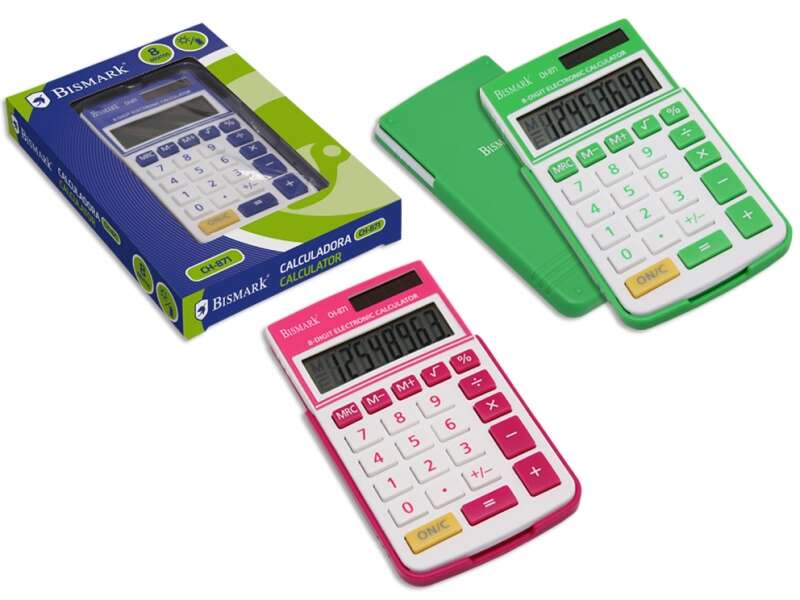 Bismark Calculadora Escolar de 8 Digitos - Tapa Dura - Funciones Basicas y Memoria - Alimentacion Solar y a Pilas - Colores Surtidos